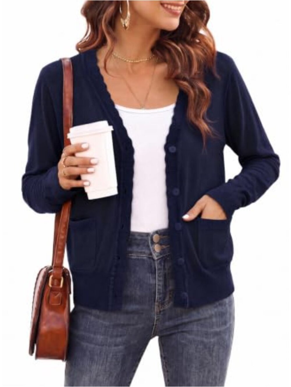 V-Neck Scalloped Trim Knit Cardigan Sweater
